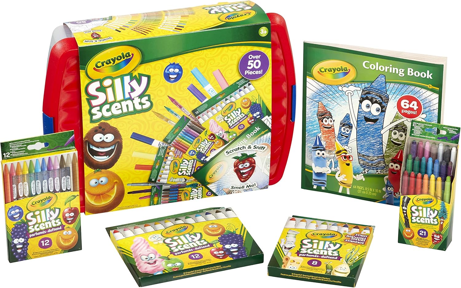 CRAYOLA Silly Scents Colouring Tub - Over 50 Scented Crayons, Markers & Pencils (Including a 64 Page Colouring Book) | Ideal for Kids Aged 3+