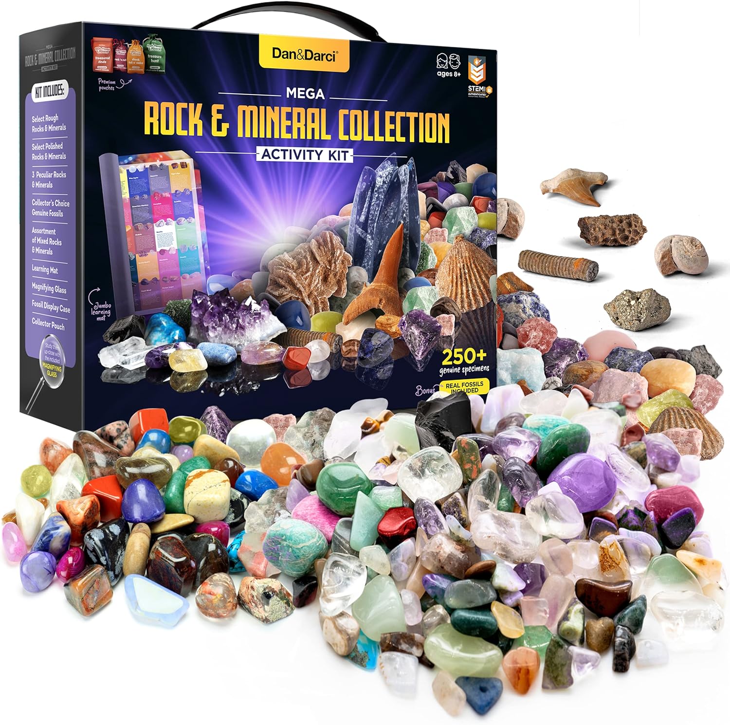 Dan&DarciRock Fossil & Mineral Collection & Activity Kit. Includes 250 Real Gemstones Crystals Sprning Mat Science Gift for Kids Bulk Rough Rocks Polished Gem Stones Genuine FossilsMulticolor