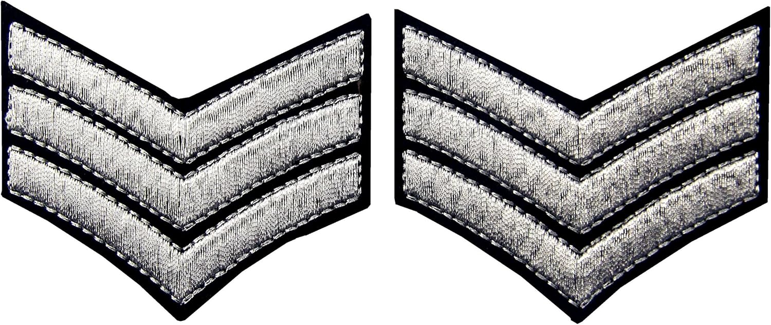 Military Uniform Chevrons Sergeant Stripes Army Patch Embroidered Arms Badge Morale Applique Emblem Fastener Hook and Loop Shoulder Emblem, Silver, 2PCS