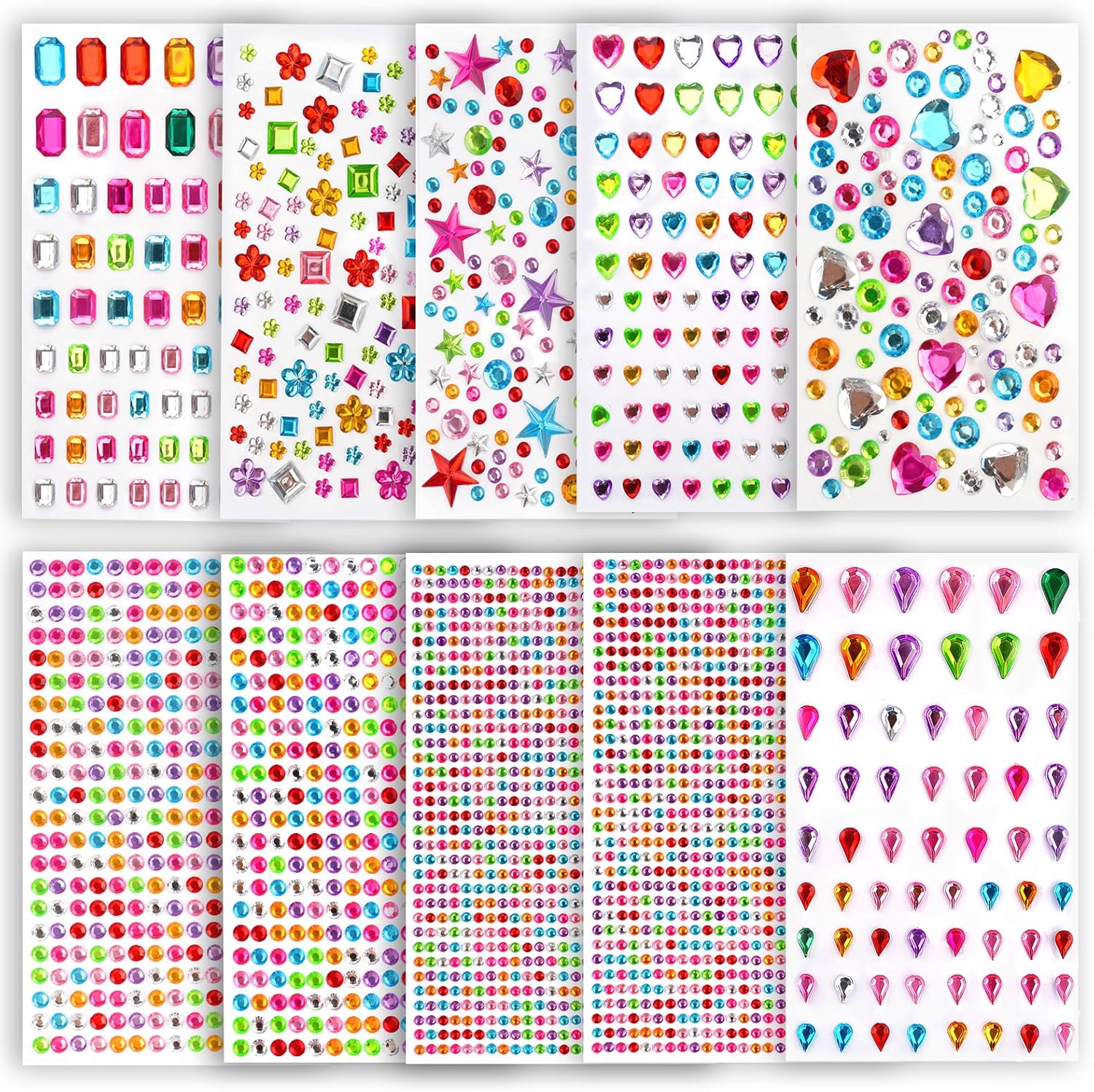 Self-Adhesive Glitter Stones, 10 Sheets, Colourful Rhinestones, Self-Adhesive, Glitter Stones for Crafts, Various Shapes, Glitter Stickers for Children, Crafts, Photo Frame