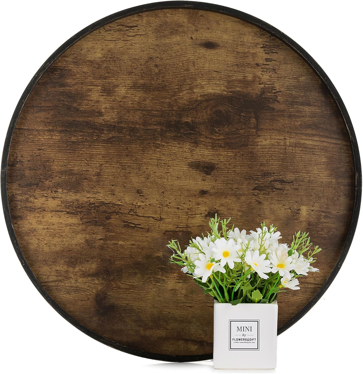 Hanobe Decorative Coffee Table Tray: Brown Wood Tray Round Rustic Wooden Trays Circle Farmhouse Centerpiece Candle Holder for Home Decor Ottoman Counter Display Living Room Organizer 18"