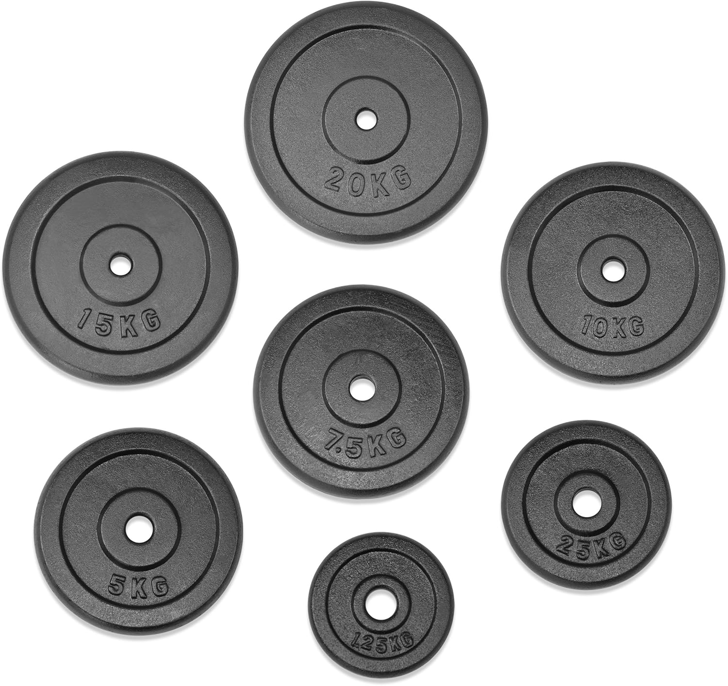 JLL® Cast Iron Weight Plates - available in pairs from 0.5kg, 1.25kg 2.5kg, 5kg, 7.5kg, 10kg, 15kg to 20kg. Suitable for all standard 1” barbells and dumbbells. Ideal for home and commercial gyms