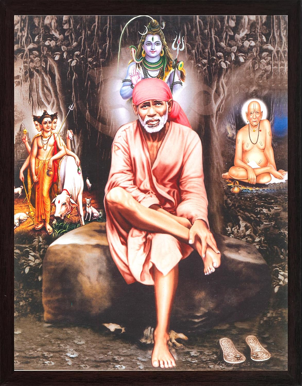 SANVIKA 12" x 9" Sai Baba Poster Frame Wall Decor, Sai Baba Photo Art Frame For Living Room Decor, Hindu Decor For Home Office, Pooja Room (Sai Baba Sitting On Rock At Night In Forest, 12" x 9")