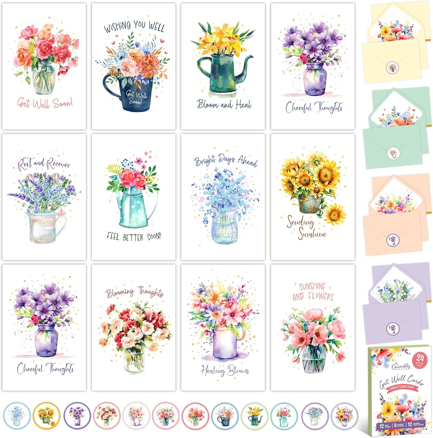 Decorably 24 Pack Gold Foiled 4x6in Floral Get Well Cards Assortment Box with Envelopes and Stickers, 12 Floral Designs Get Well Soon Cards with Envelopes, with Printed Message Inside