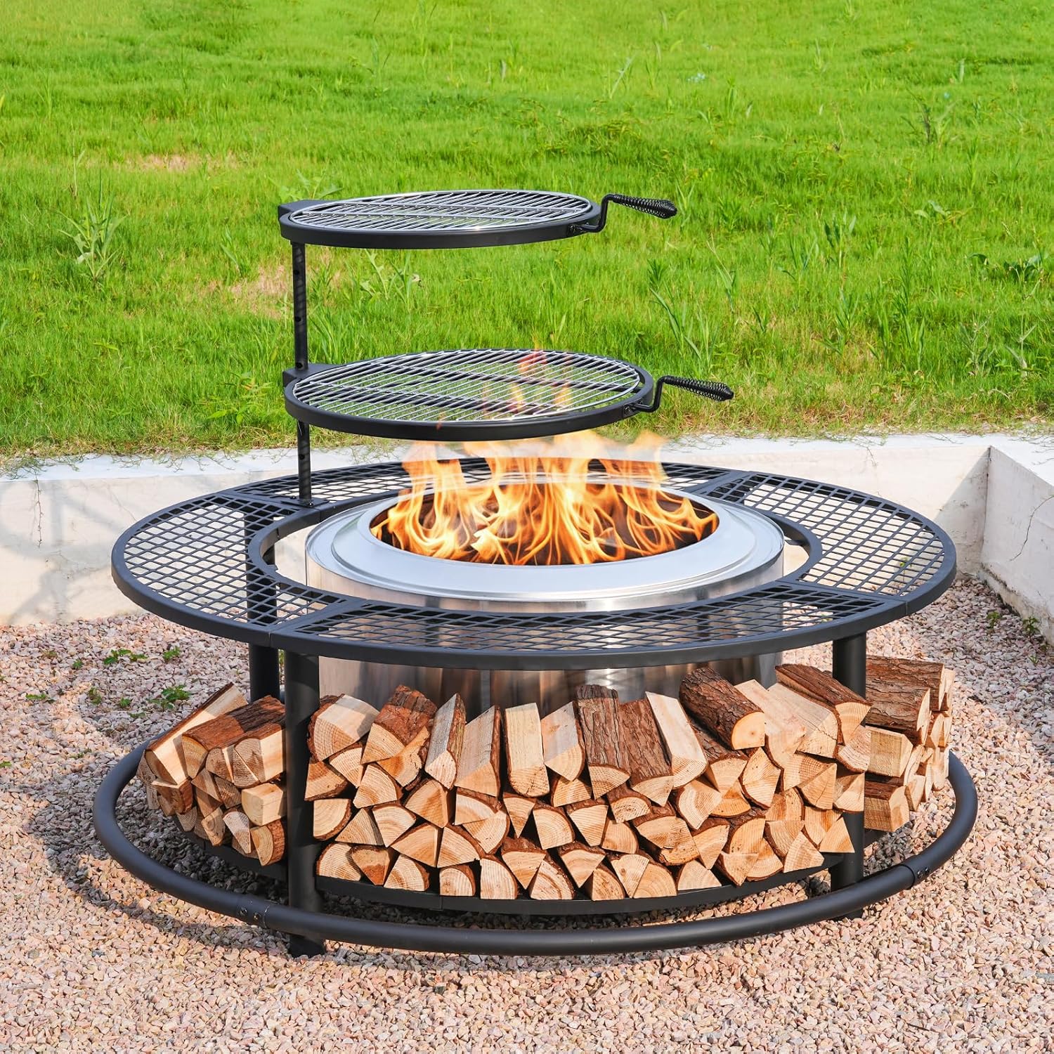 50 Inch Fire Pit Surround Tabletop for Smokeless Fire Pit, Outdoor Surround Table with 2 Grill Grates and Firewood Storage Shelf, Protective Barrier for Safety & Extra Space (Stove not Included)