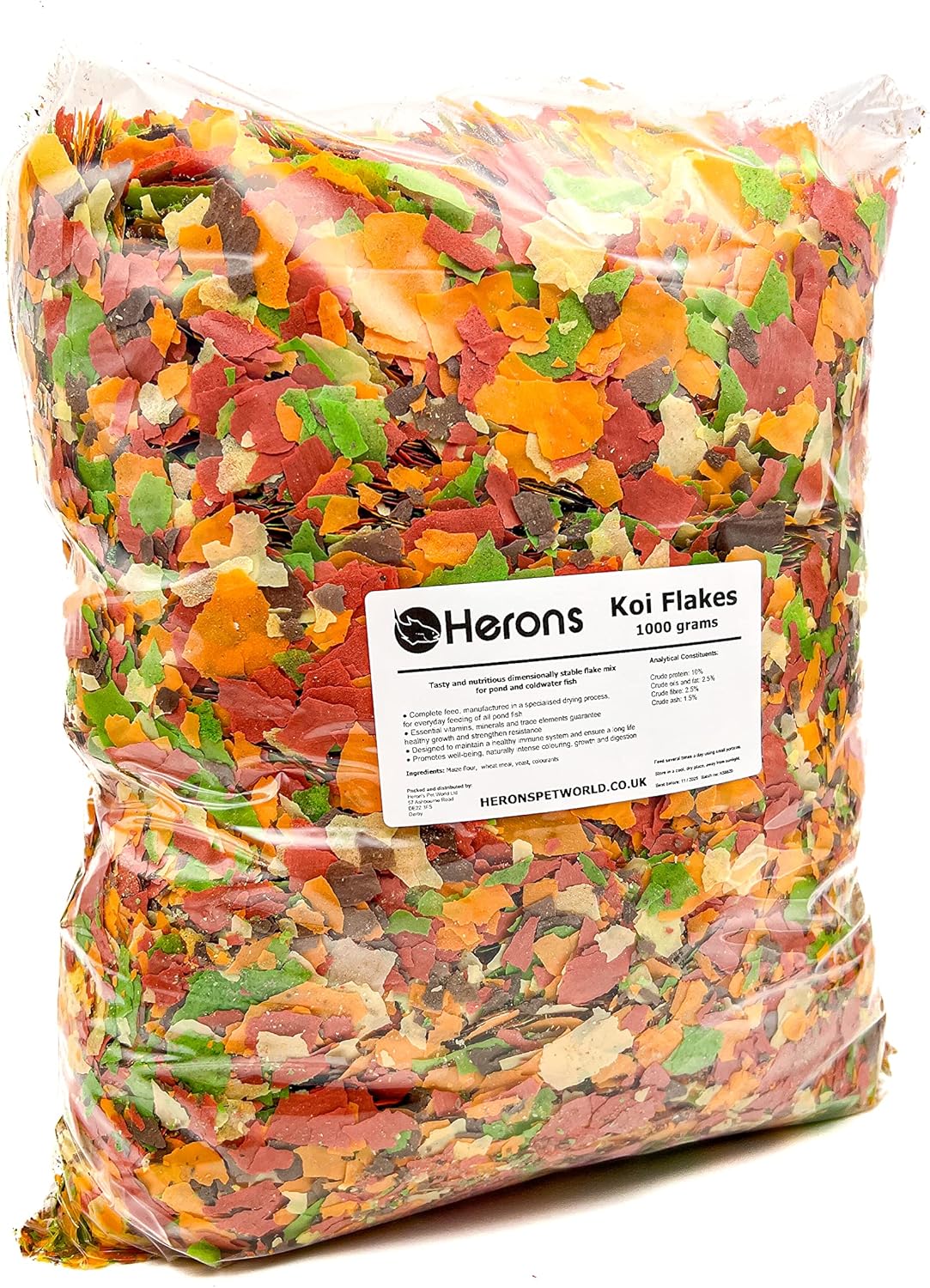 HERONS - Koi Flakes 1kg - 10L - Complete Feed for Koi, Carp and Other Pond and Coldwater Fish, With Essential Vitamins, Minerals and Trace Elements, Promotes Healthy Immune System