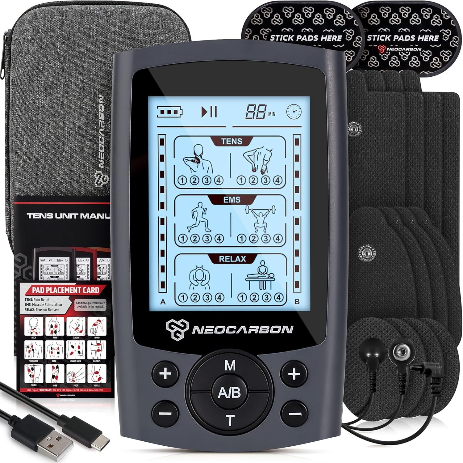 TENS Unit Muscle Stimulator, Electronic PMS Pulse Massager Machine for Shock Physical Therapy, Back Pain Relief, Shoulder Recovery, FSA/HSA Eligible, Gray