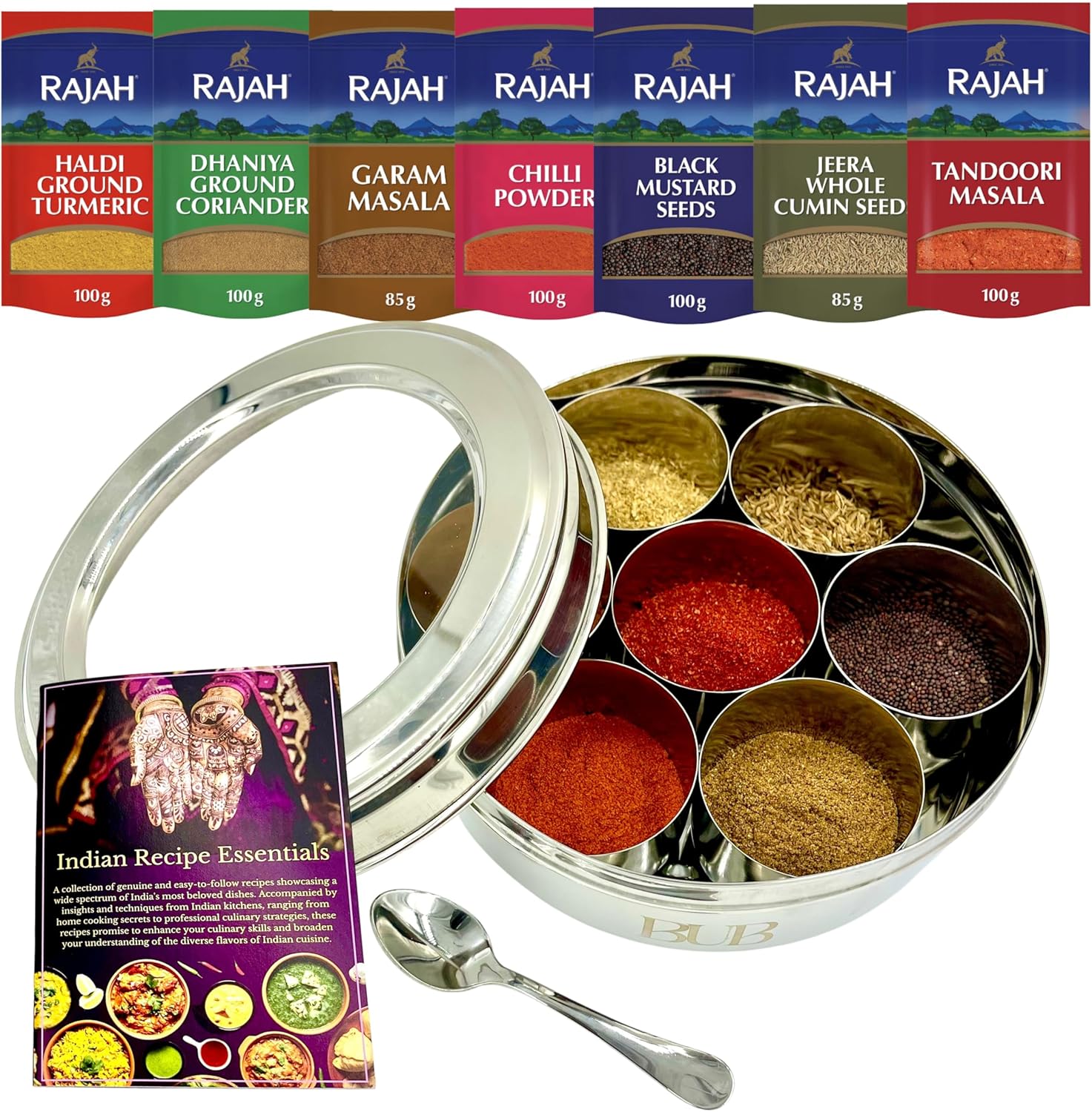 Bub Spice Tin - Masala Dabba 18.5 cm - 7 Pot Stainless‑Steel Spice Box with Lid, Spoon & Recipe Book - Includes 7 Rajah Spices in Resealable Packs – Gift Set (SPICE TIN 7 & SPICE KIT)