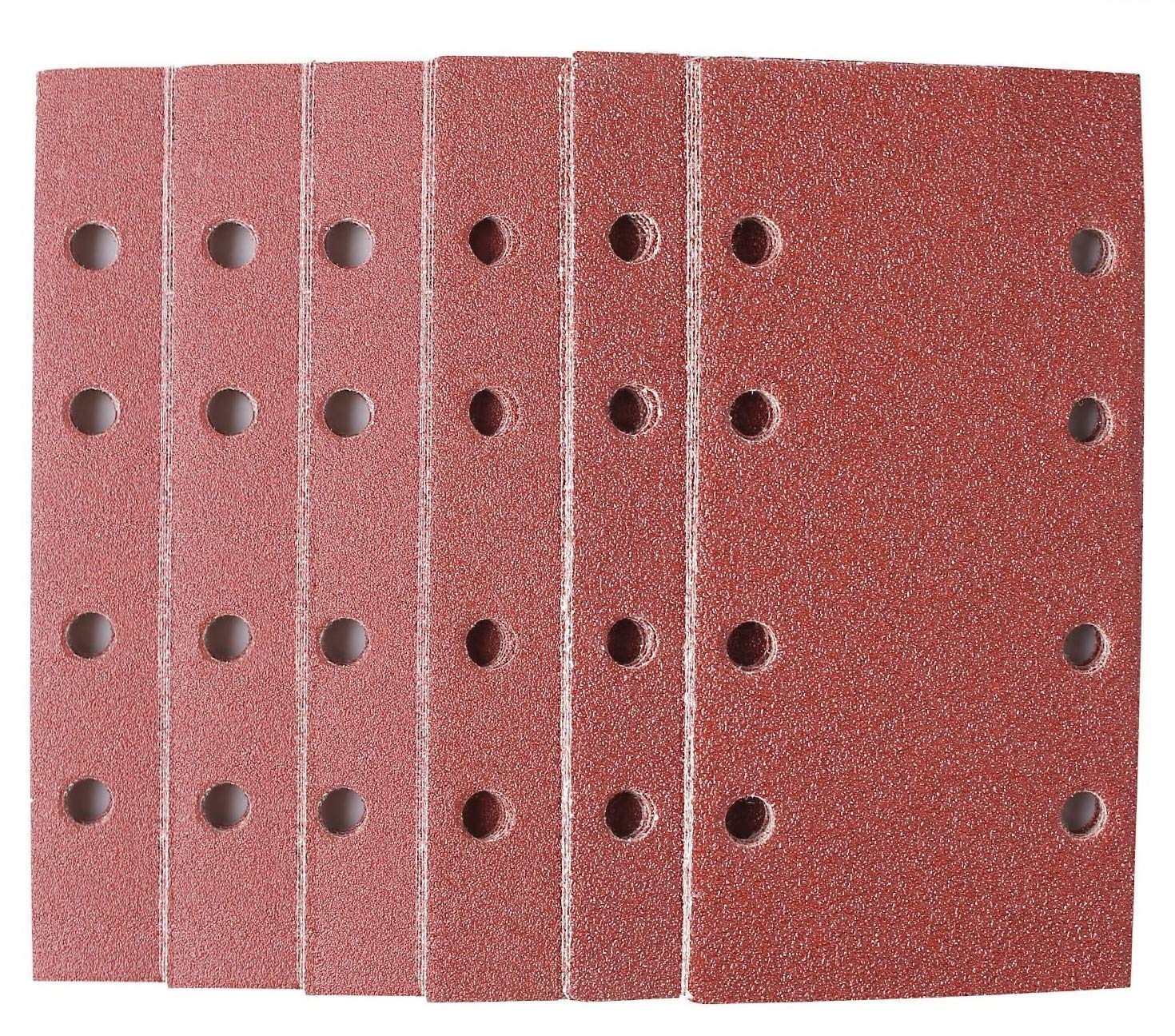 KAHEIGN 30Pcs Sanding Sheets, 40/60 /80/120 /180/240 Grits Hook and Loop Sander Pads 8 Holes Sander Paper Fit Rectangular Sander (18.5 x 9.3cm)