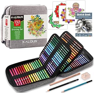 KALOUR 132 Colored Pencils Set,with Adult Coloring Book and Sketch Book,Artists Colorless Blender,Zipper Travel Case,Soft Core,Ideal for Drawing Sketching Shading,Art Supplies for Beginners Kids