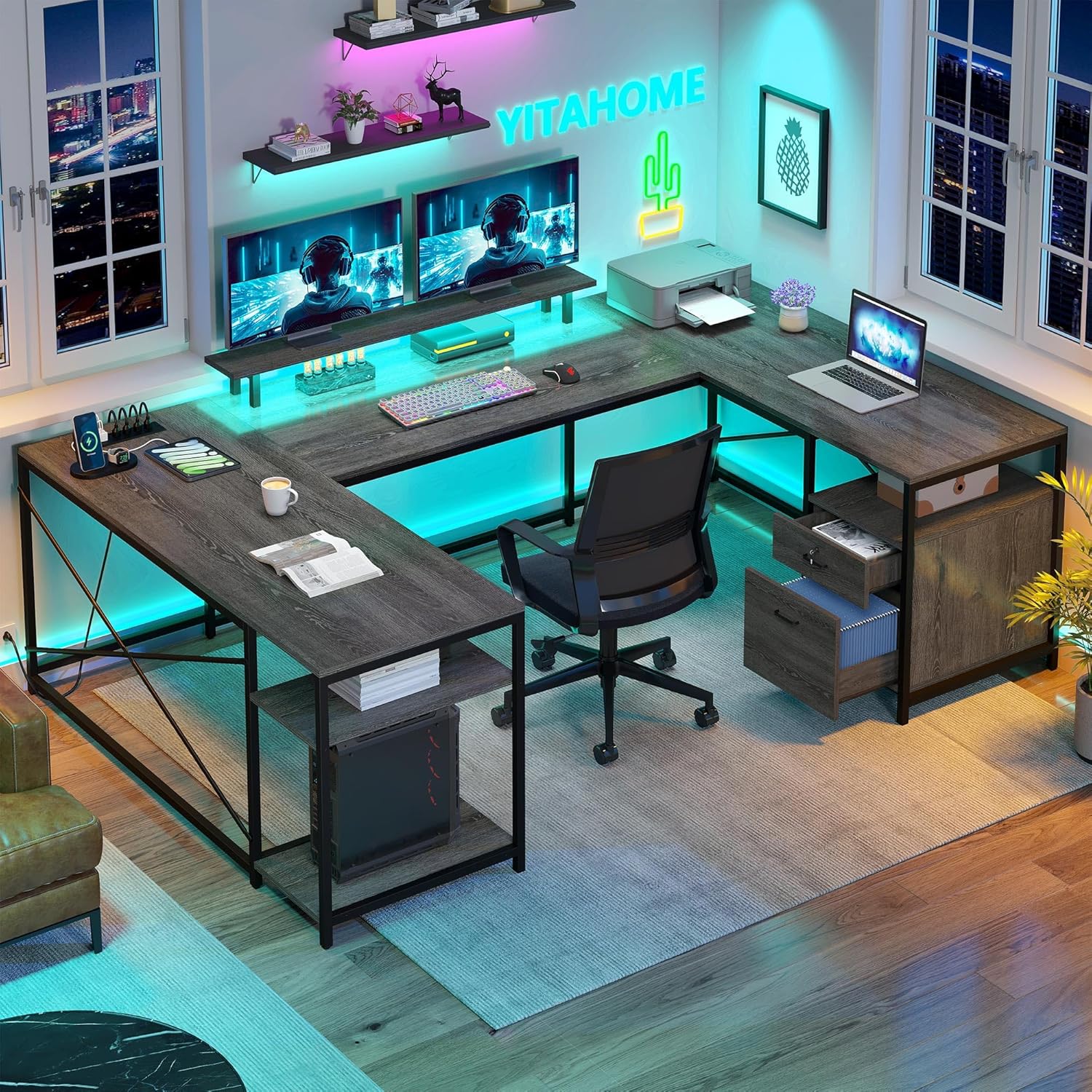 YITAHOME U Shaped Desk with Power Outlets & LED Lights, 79" Reversible L Shaped Desk with Drawers, Corner Computer Desk Office Desk with Monitor Stand & Storage Shelves, Grey