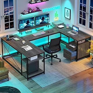 YITAHOME U Shaped Desk with Power Outlets & LED Lights, 79" Reversible L Shaped Desk with Drawers, Corner Computer Desk Office Desk with Monitor Stand & Storage Shelves, Grey