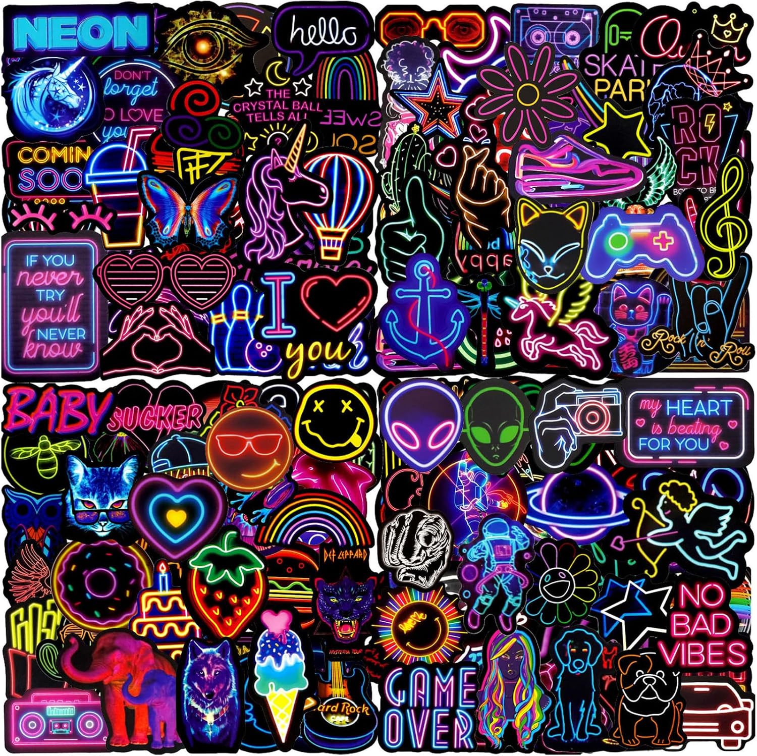200 Pcs Cool Neon Stickers for Children Adults Teens, Teacher Reward Prizes for Kids, Waterproof Vinyl Stickers for Laptop Scrapbook Journal Skateboard Phone Guitar Suitcases Scooter Water Bottle etc