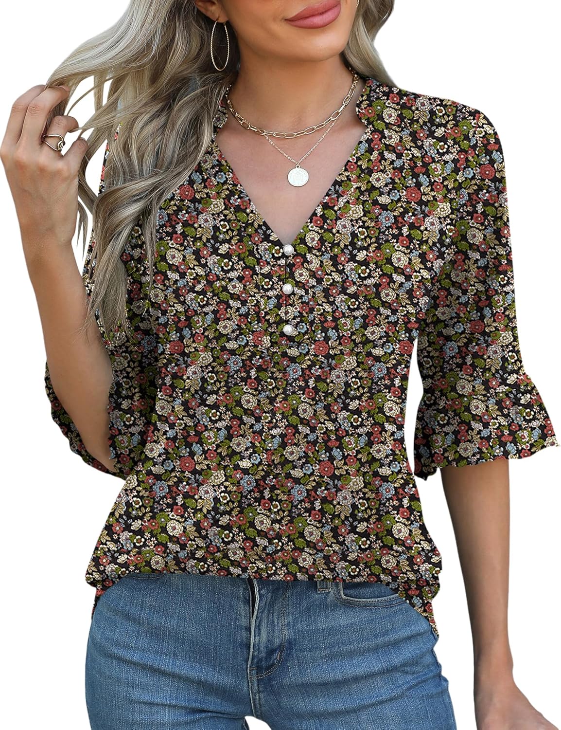 Rapbin Womens 3/4 Length Sleeve Blouses Ruffle Cuffs V Neck Button Down Shirts Dressy Flowy Tunic Tops