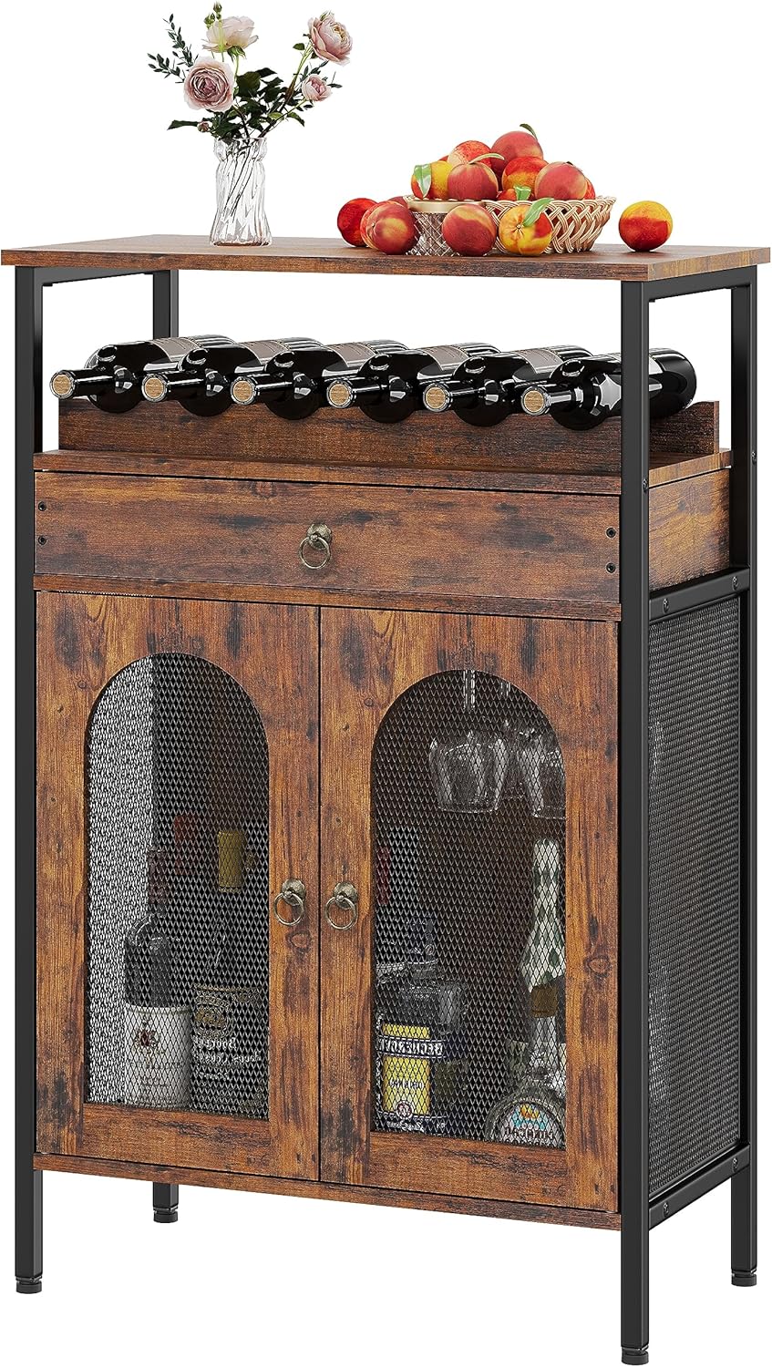 ThreeHio Liquor Cabinet with Wine Rack and Drawer, Wine Bar Cabinet for Liquor and Glasses, Wood Coffee Bar Cabinet with Visual Mesh Door, FreeStanding Sideboard, Rustic