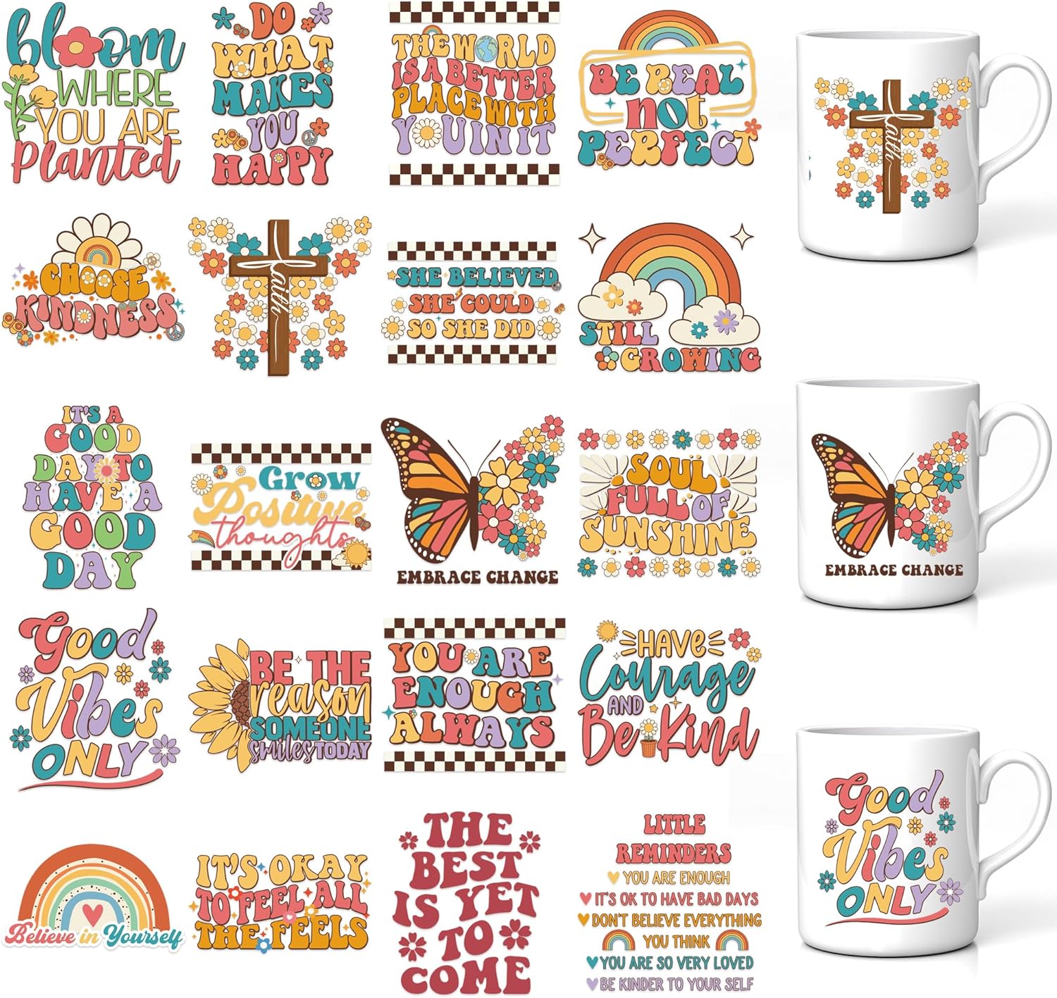 UV DTF Cup Wrap Sticker - 20 Sheets Hippie Inspiration UV DTF Decals Stickers for Glass, Inspiration Quotes, Do What Makes You Happy, Butterfly, Rainbow, Retro Design, Gifts for Friends