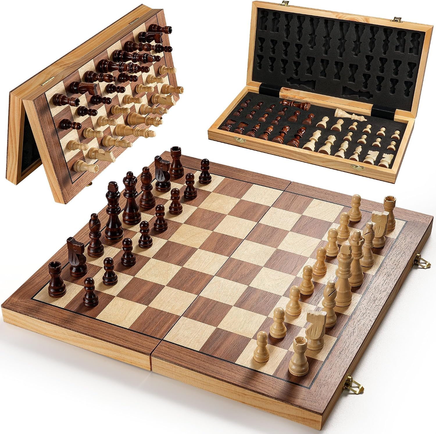 Magnetic Chess Set for Adults & Kids, 15.4 inch Wooden Folding Chess Boards, Handcrafted Portable Travel Chess Game with Pieces Storage Slots, 2 Extra Queens