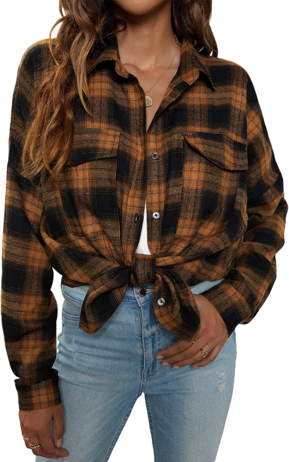 Blooming Jelly Women's Button Down Flannel Shirts Plaid Shacket Long Sleeve Collared Business Casual Tops Work Blouses