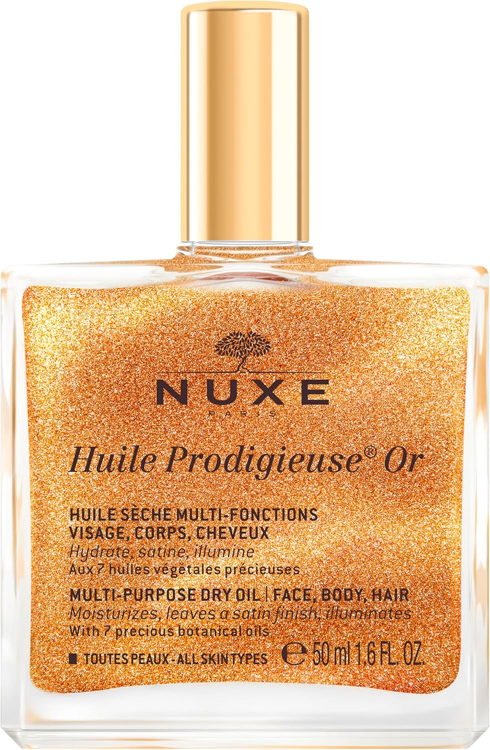 NUXE Huile Prodigieuse Shimmering Dry Oil 50ml, Gold-Flecked Dry Oil, Illuminates & Softens Face, Body & Hair, Multi-Purpose Nourishment, Vegan Formula