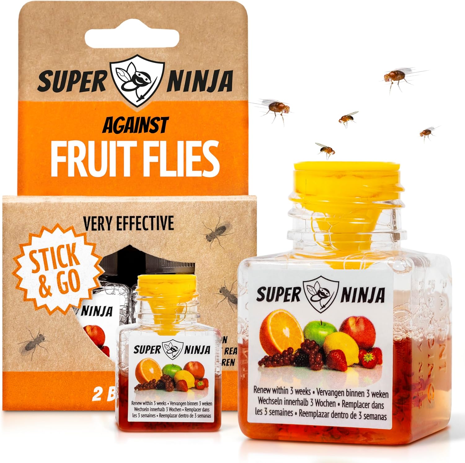 Super Ninja Fruit Fly Trap - 2 pack, Highly Effective Fruit Fly Killer for Home & Kitchen, Up to 3 Weeks of Performance per Bottle, Child & Pet Friendly