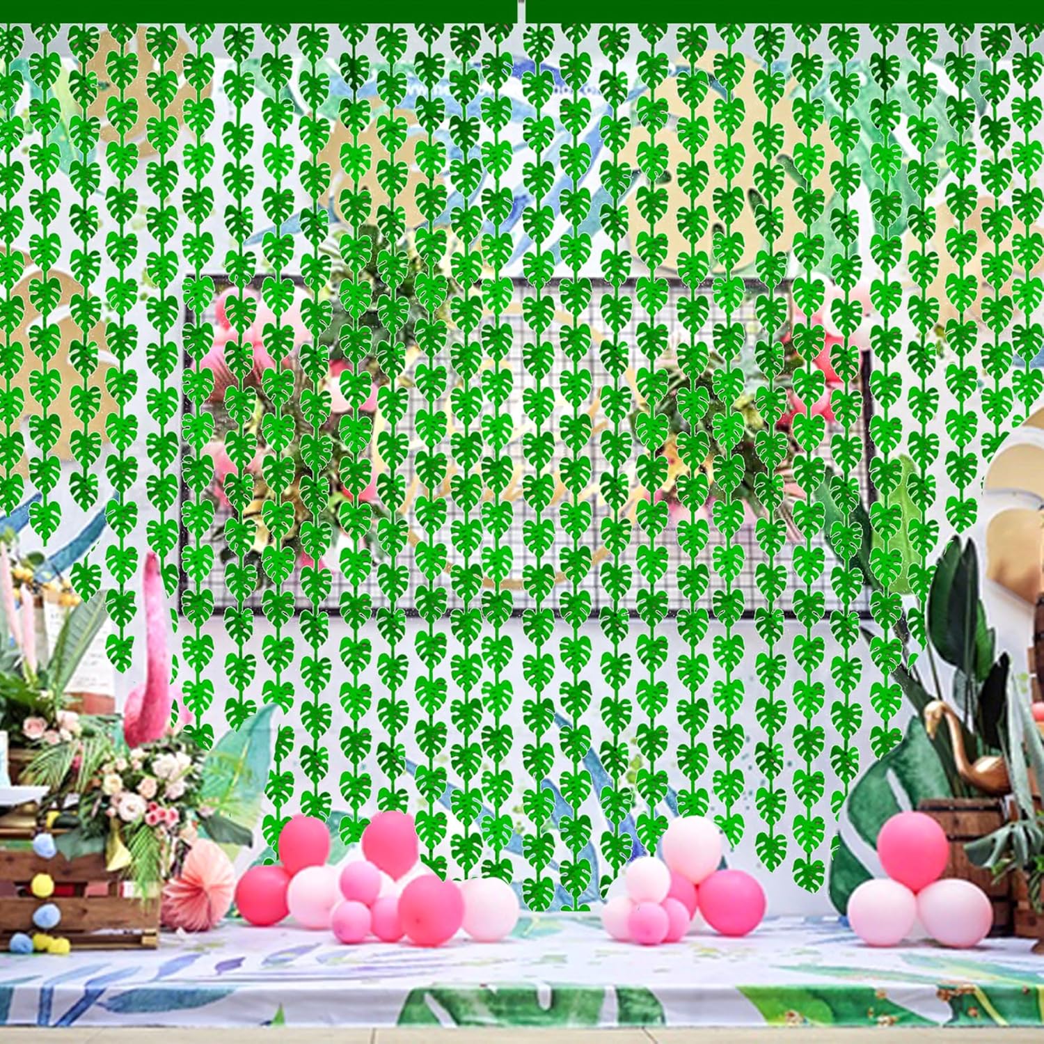 MAIGO 2Pcs Green Palm Leaves Foil Fringe Curtains - Hawaiian Party Decorations, Jungle Theme Party Decorations, Rainforest Decorations, Hawaii Tropical Party Decorations, Summer Party Decoration