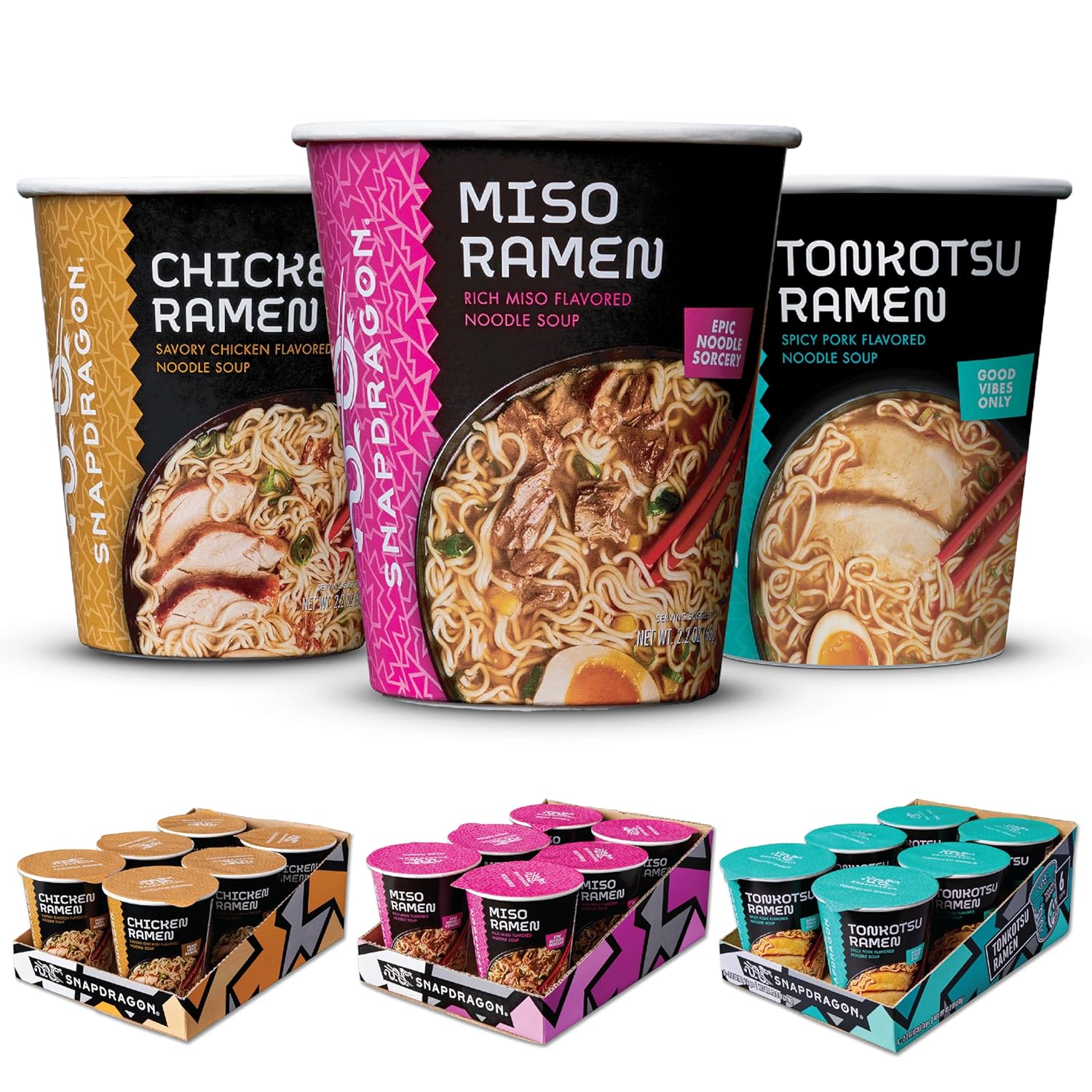 Snapdragon Ramen Variety Bundle in Miso, Chicken, Tonkotsu flavors - Rich Broth with Authentic Ramen Noodles - 18ct (3 packs of 6, 2.2 Cups)