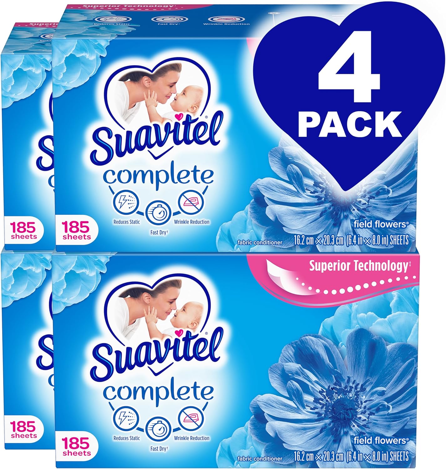 Suavitel Complete Fabric Softener Dryer Sheets, Field Flowers, 185 ct, 4 pack