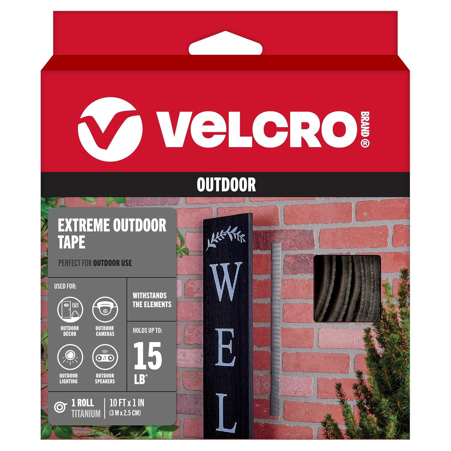 VELCRO Brand Extreme Outdoor Tape, Titanium, Holds Up to 15 Lbs, 10ft Roll