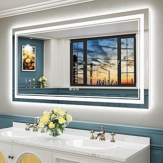 55x30 LED Bathroom Mirror with Lights, Backlit + Front Lit, Anti-Fog Lighted Bathroom Vanity Mirror for Wall, Dimmable LED Vanity Mirror with 3 Colors, Memory, Tempered Glass, ETL Listed