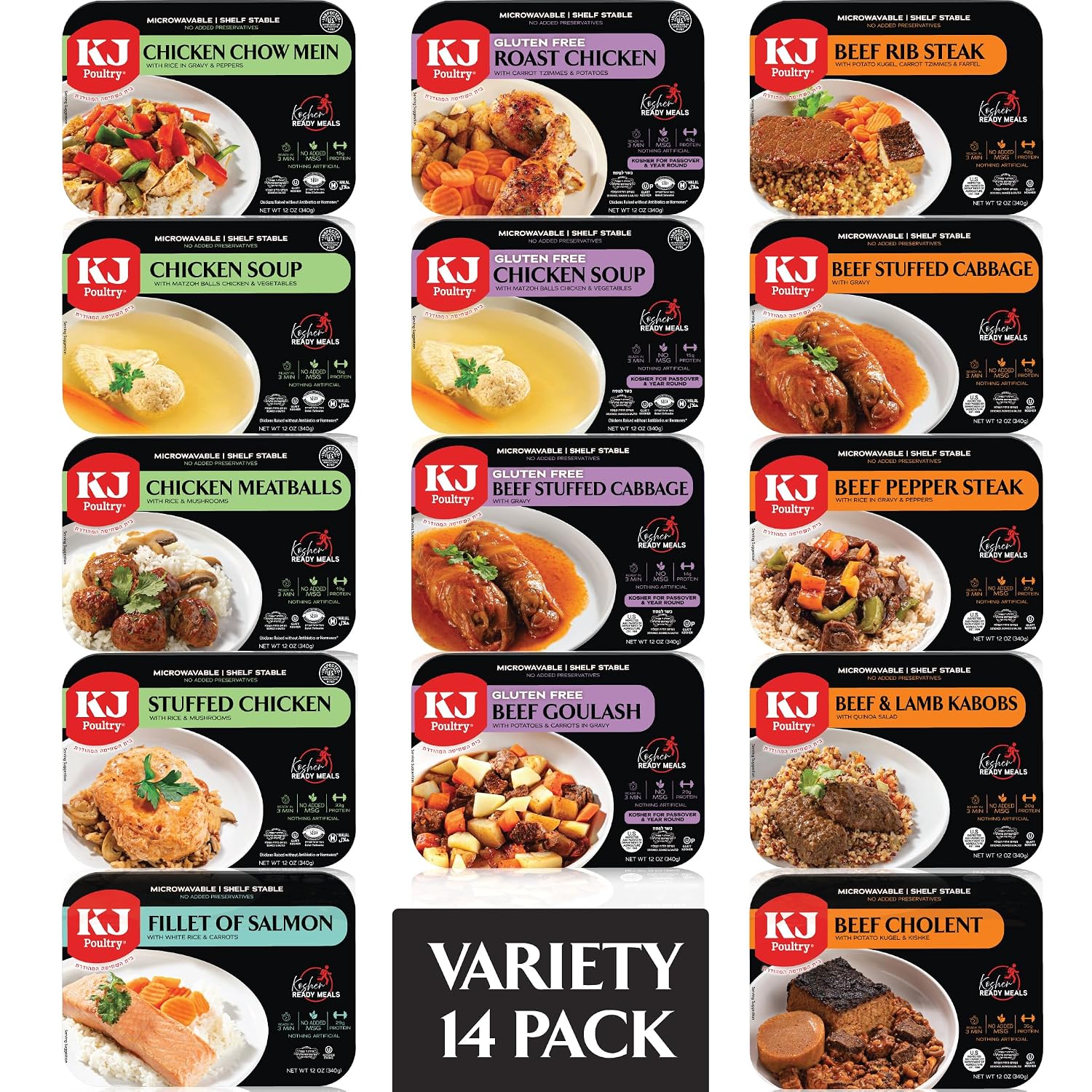 KJ Poultry Kosher Ready Meals - Chicken, Beef and Salmon Fish (14 Pack Variety) Prepared Entree Fully Cooked, Shelf Stable Microwave Dinner Travel, Military, Camping, Emergency Survival