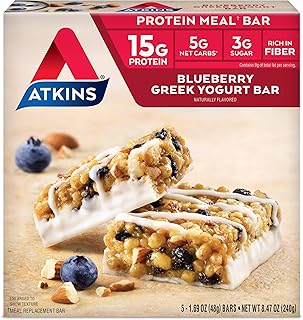 Atkins Blueberry Greek Yogurt Protein Meal Bar, High Fiber, 15g Protein, 3g Sugar, 5g Net Carbs, Meal Replacement, Keto Friendly, 5 Count