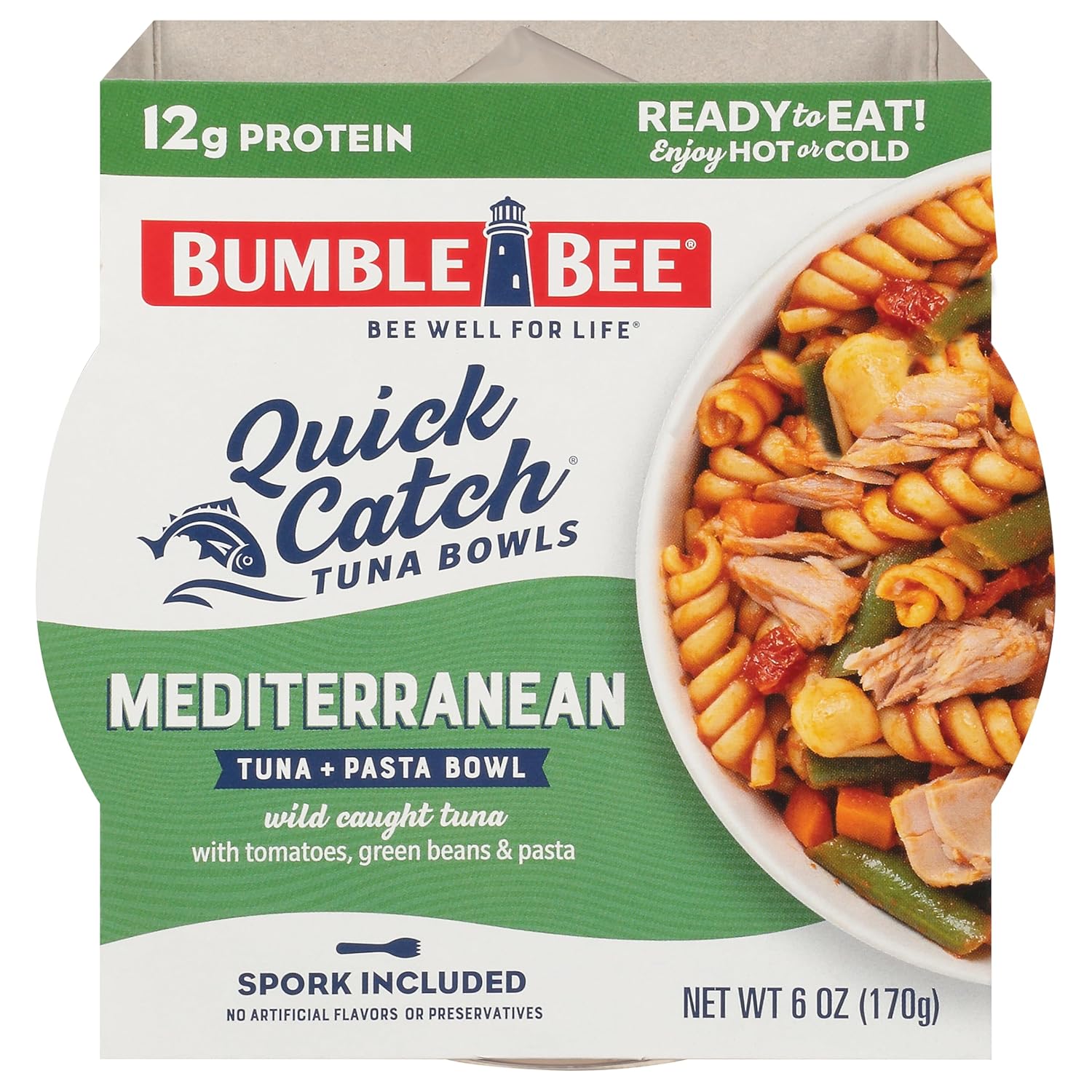 Bumble Bee Quick Catch Mediterranean Pasta, Wild Caught Tuna and Pasta Bowl, 6 oz (Pack of 1) - Ready to Enjoy, Spork Included - 14g Protein per Serving - No Artificial Flavors - Good Source of Fiber