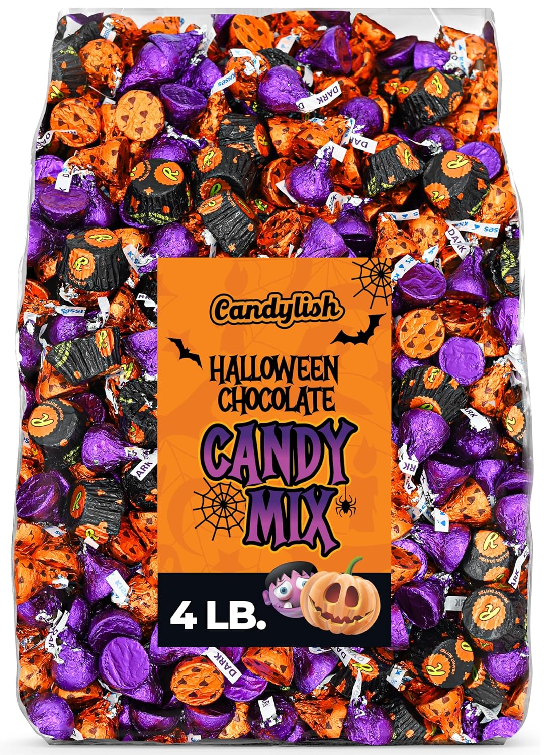 HALLOWEEN Chocolate candy Mix 4 pounds (64 oz) - in Black, Orange, and Purple Wrappers - Perfect for Trick or Treat and Parties, Featuring Hershey's Kisses and ReesesDark Miniatures