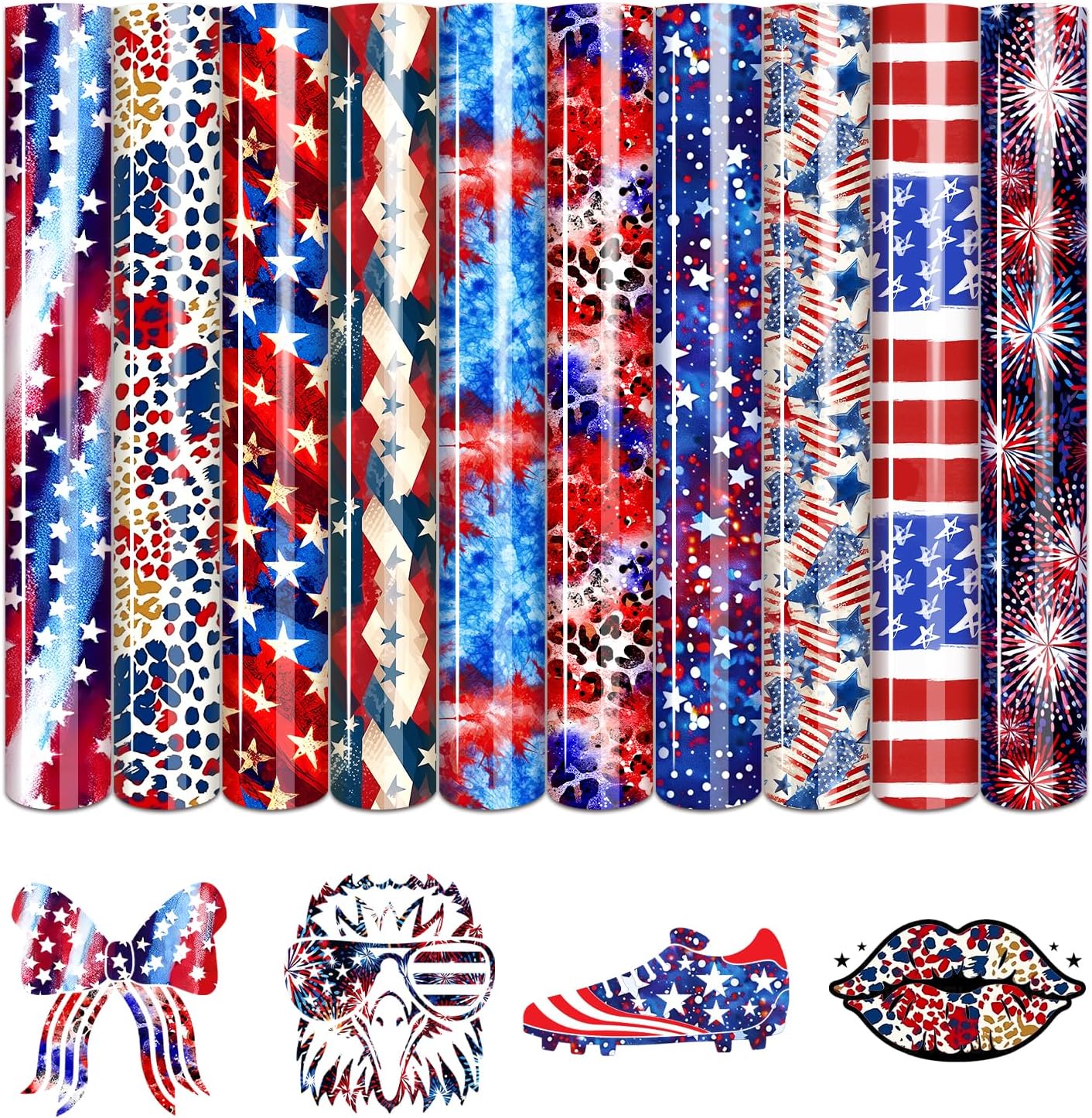 Tintnut 4th of July American Flag - 10pcs 12x10in US Flag Patterned Patriotic HTV Iron On Vinyl Compatible with Cricut/Cameo
