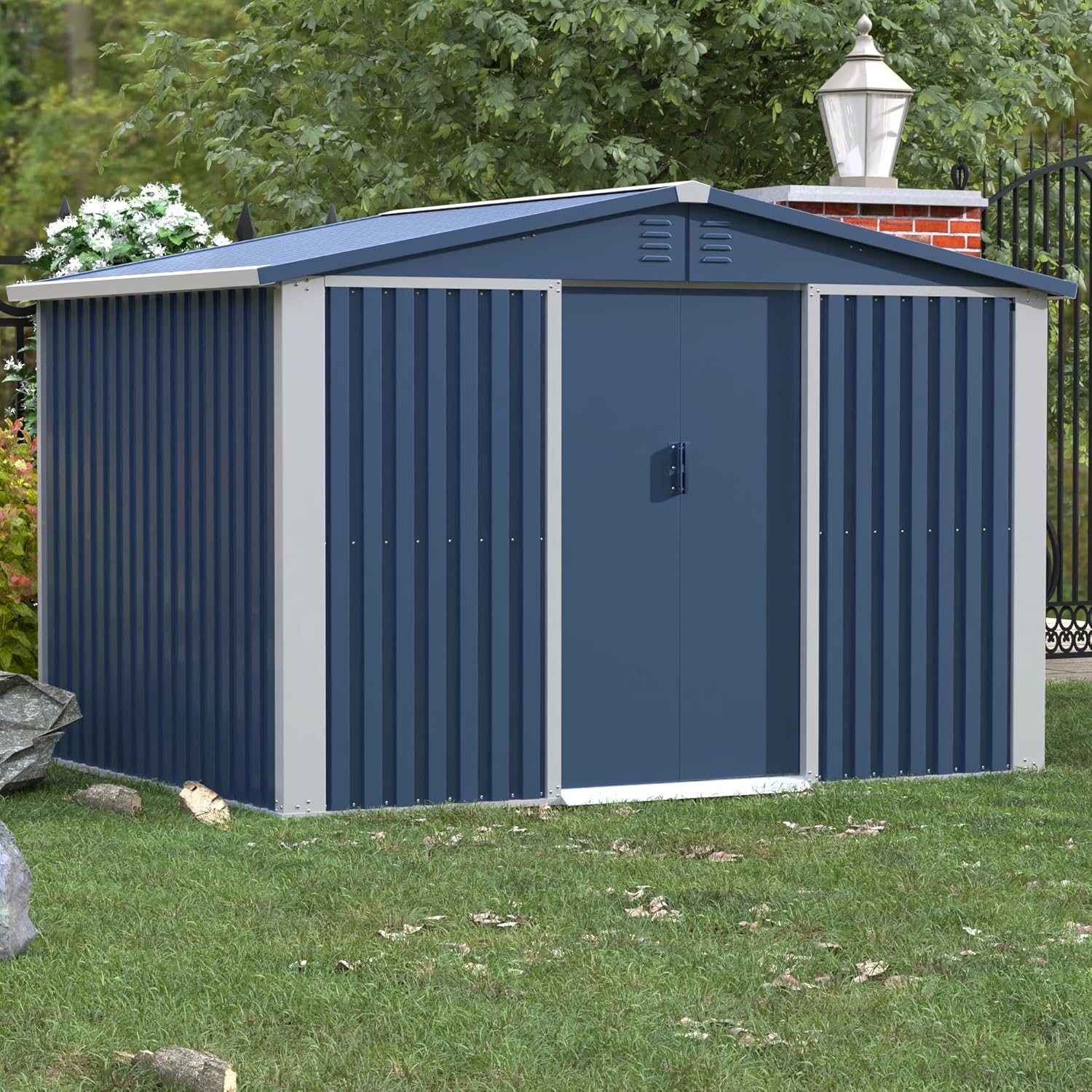 Metal Outdoor Storage Shed 8.5FT x 6.5FT, Steel Utility Tool Shed Storage House with Sliding Door, Metal Sheds Outdoor Storage for Backyard Garden Patio Lawn,Blue