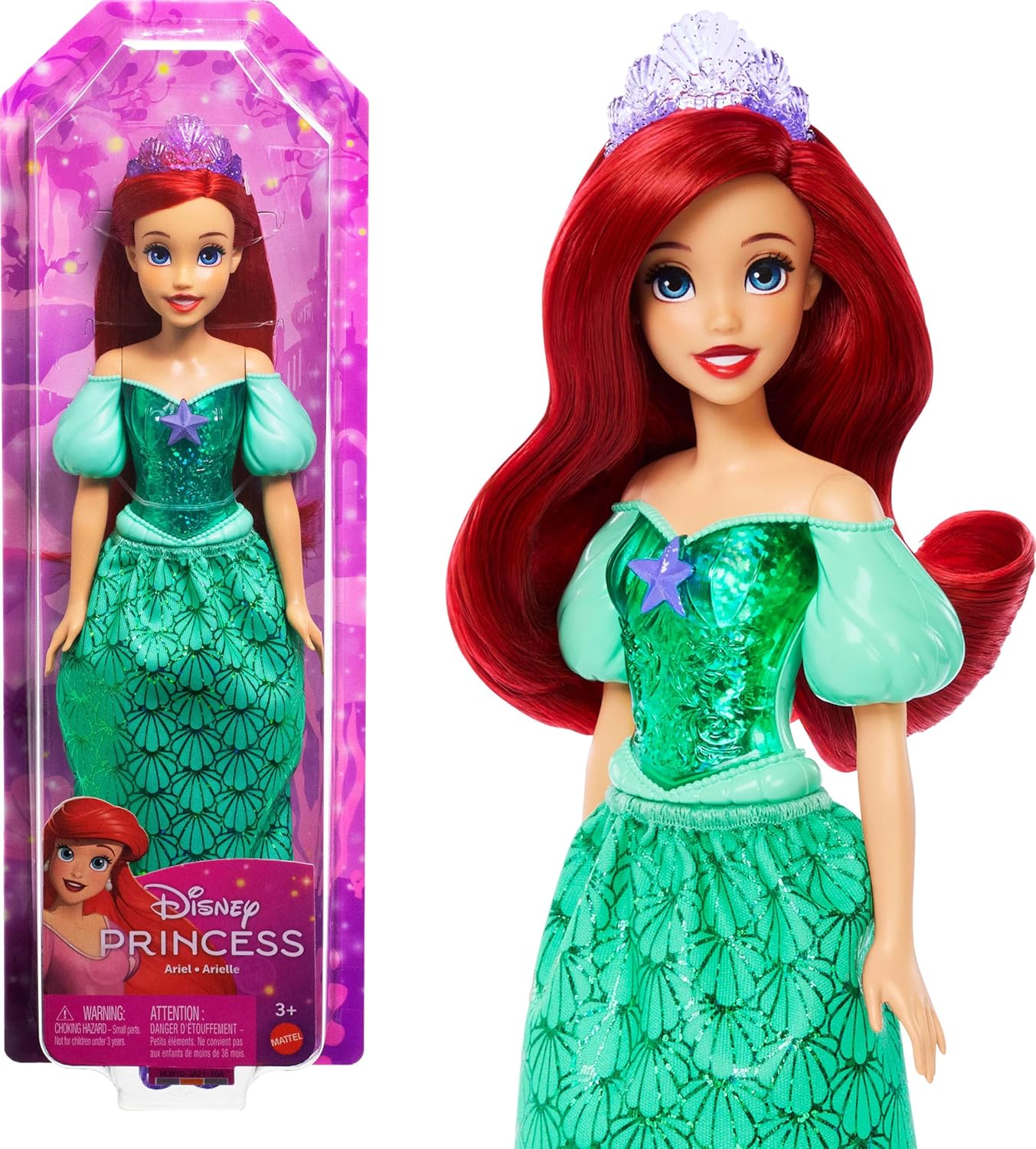 Mattel Disney Princess Toys, Ariel Fashion Doll, Sparkling Look with Red Hair, Blue Eyes & Tiara Accessory, Inspired by The Little Mermaid Movie