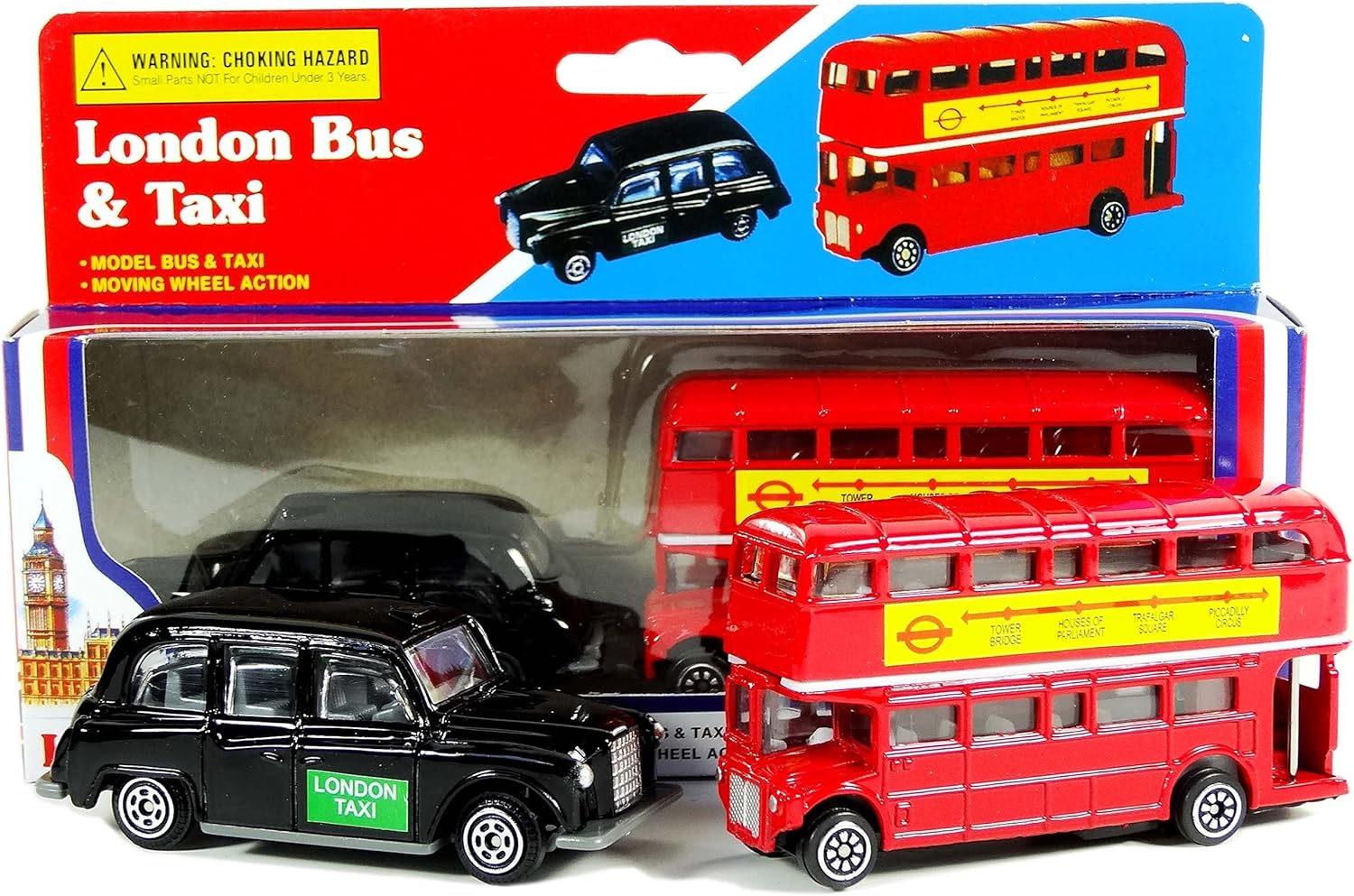 Diecast Genuine London Bus and London Taxi Set (Mini) Souvenir - Moving Wheel Action - Sightseeing - Hop On Hop Off - Toy - 5 Passenger Cab - Hackney Cab - London Souvenir