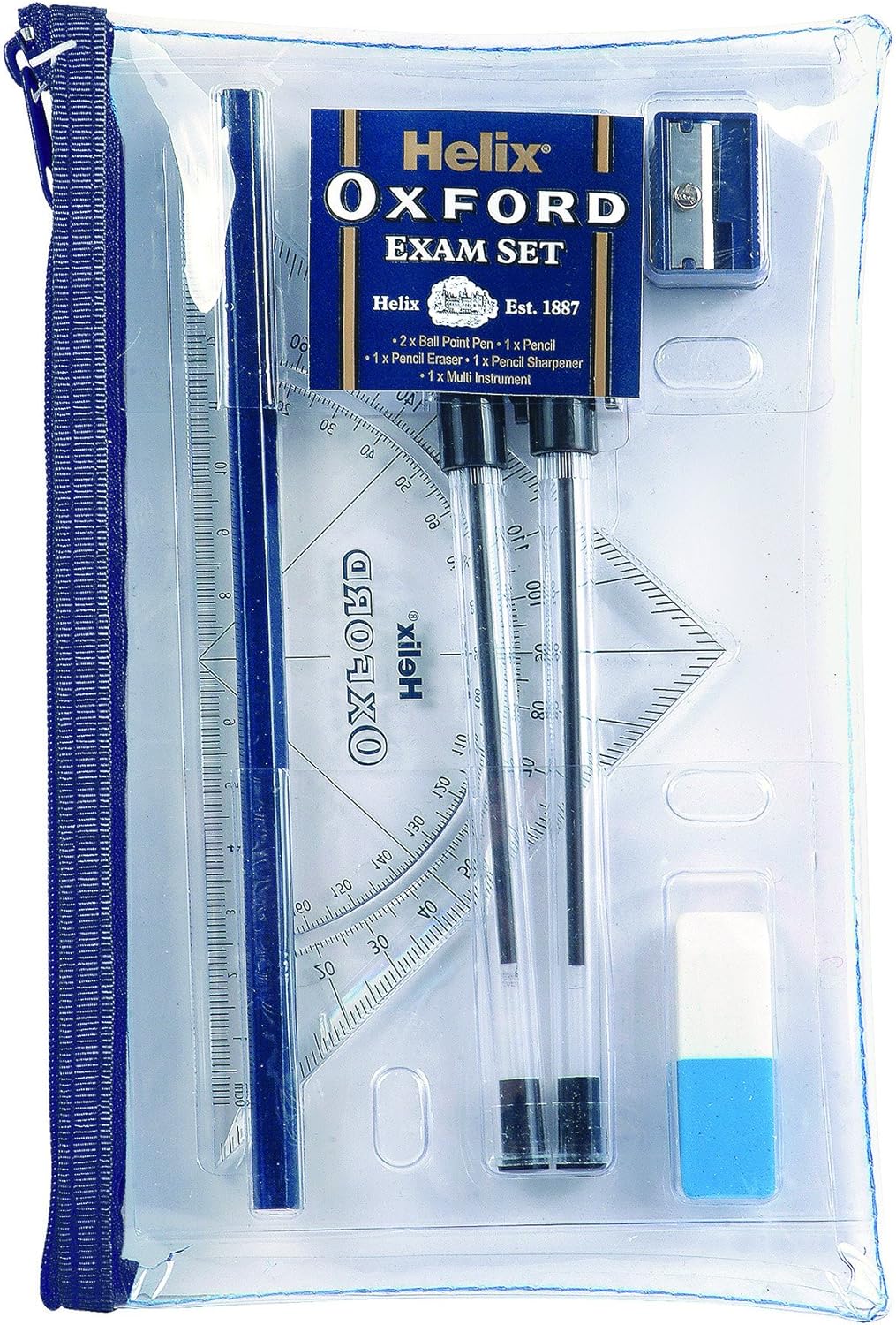 Helix Oxford Filled Exam Pencil Case Set – Clear Case with Black Ballpoint Pens, Pencil, Eraser, Sharpener & Combined Protractor/Set Square – Ideal for School & Exam Use