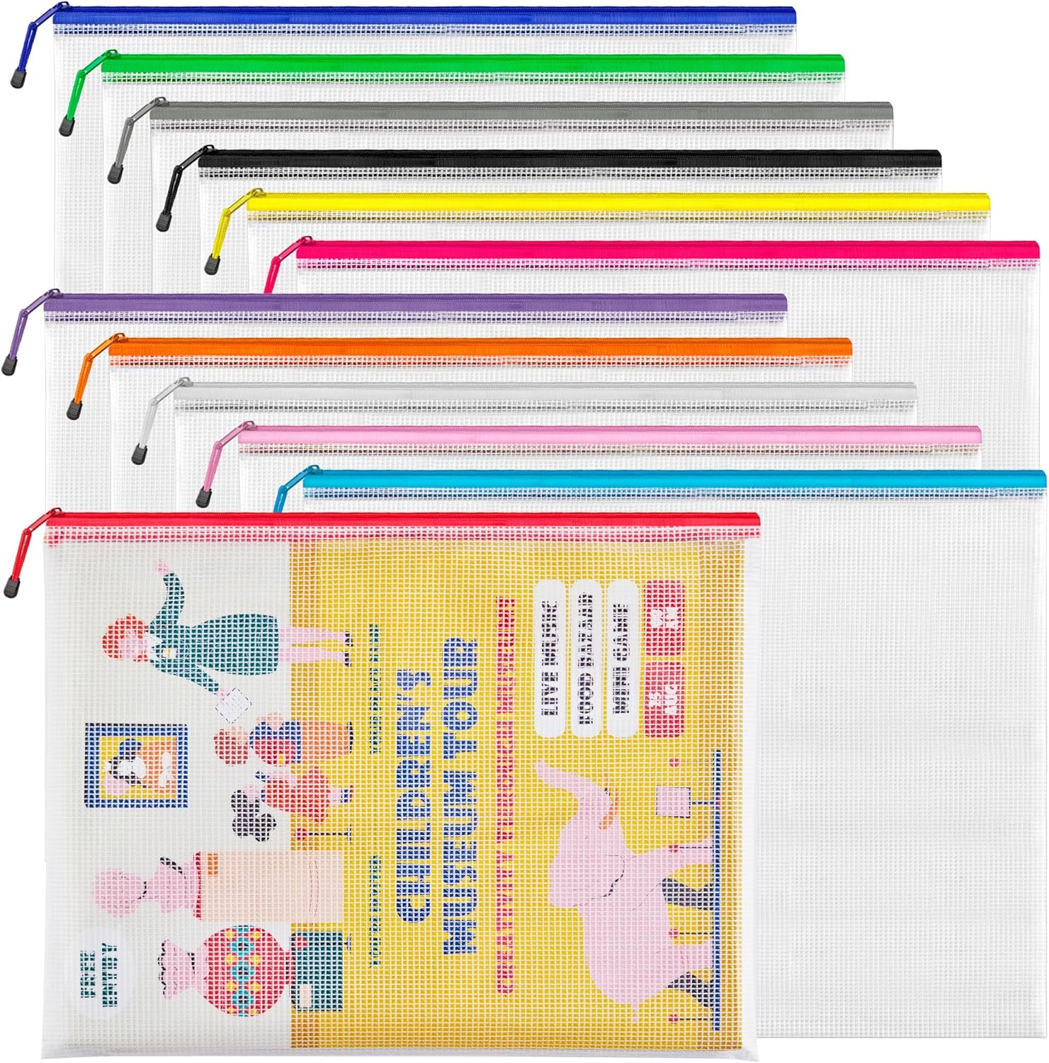 JARLINK A3 (16.9x12.4 in, 12 Pcs) Mesh Zipper Pouch, 12 Colors Extra Large Zipper Bags, Waterproof File Pouches for Office Supplies, Puzzles, Board Game, School, Travel Accessories & Craft Projects