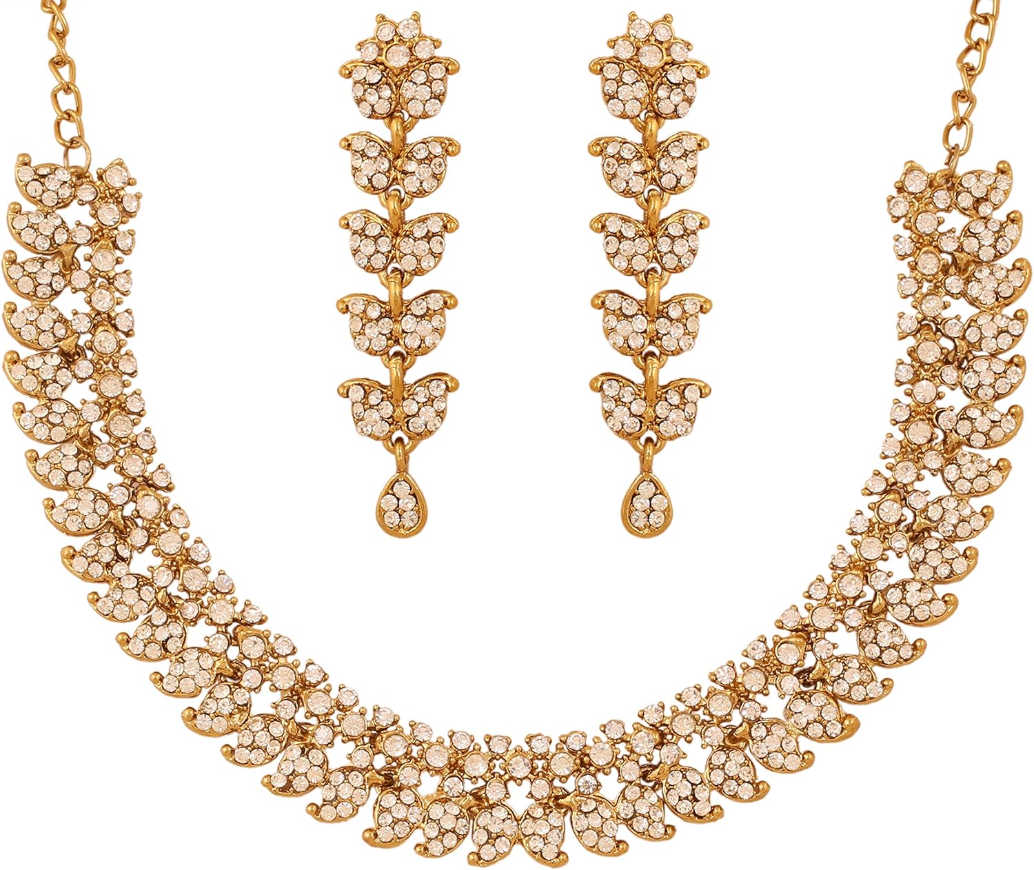 Touchstone Indian jewelry sets for women wedding necklace set gold statement jewellery bollywood rhinestones formal evening joyeria in antique gold or white tone paisley motif.