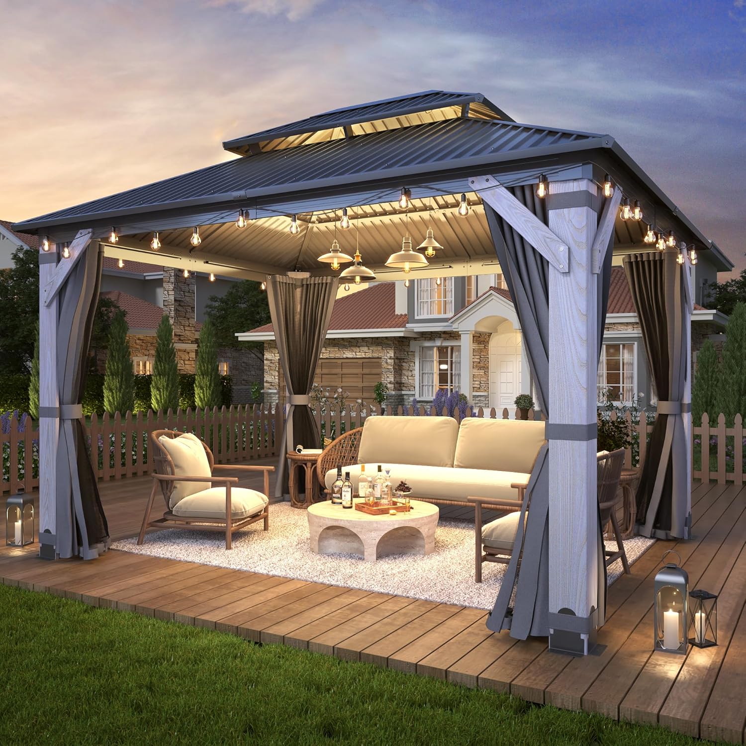 10' x 12' Outdoor Wood Gazebo - Permanent Wooden Hardtop Gazebo Pavilion with Double Curtains, Galvanized Steel Roof Cedar Wood Gazebos for Garden, Lawn, Poolside, Backyard Deck