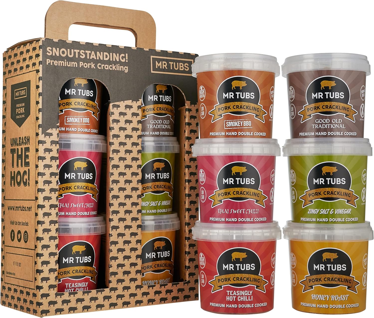 Mr Tubs Gourmet Pork Crackling Gift Set - 6 Flavours in Gift Case - Double Hand Cooked Crackling, not Ordinary Pork Scratchings - Gluten Free, Low Carb - Ideal Birthday Snack Gift