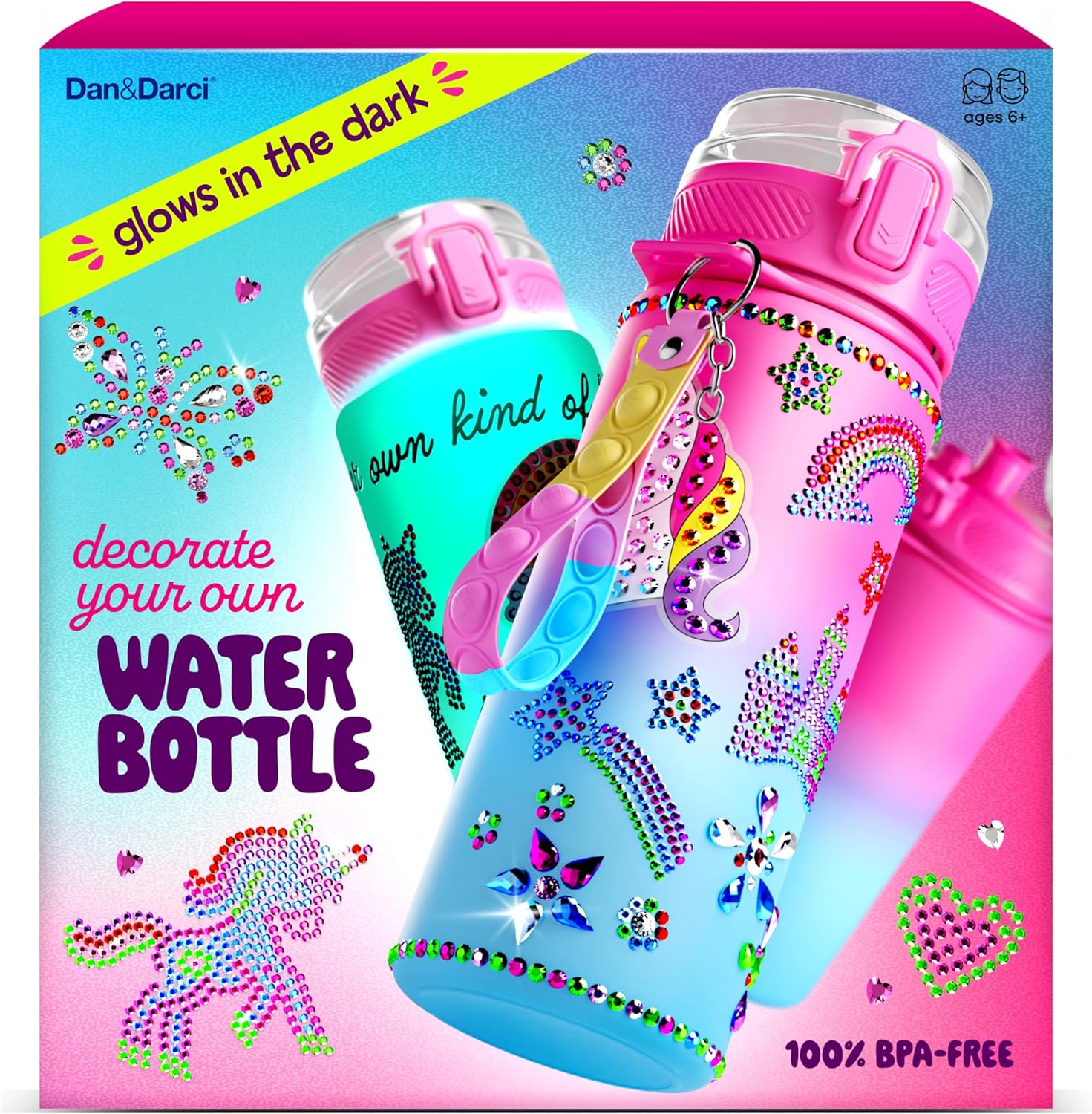 Dan&Darci Decorate Your Own Glow-in-The-Dark Water Bottle Kit for Girls - Gifts for Girl Ages 4-6 5-7 6-8 - 4 5 6 7 8 Year Old Birthday Gift Ideas - Arts and Crafts for Kids Age 6-8 - Unicorn Toys