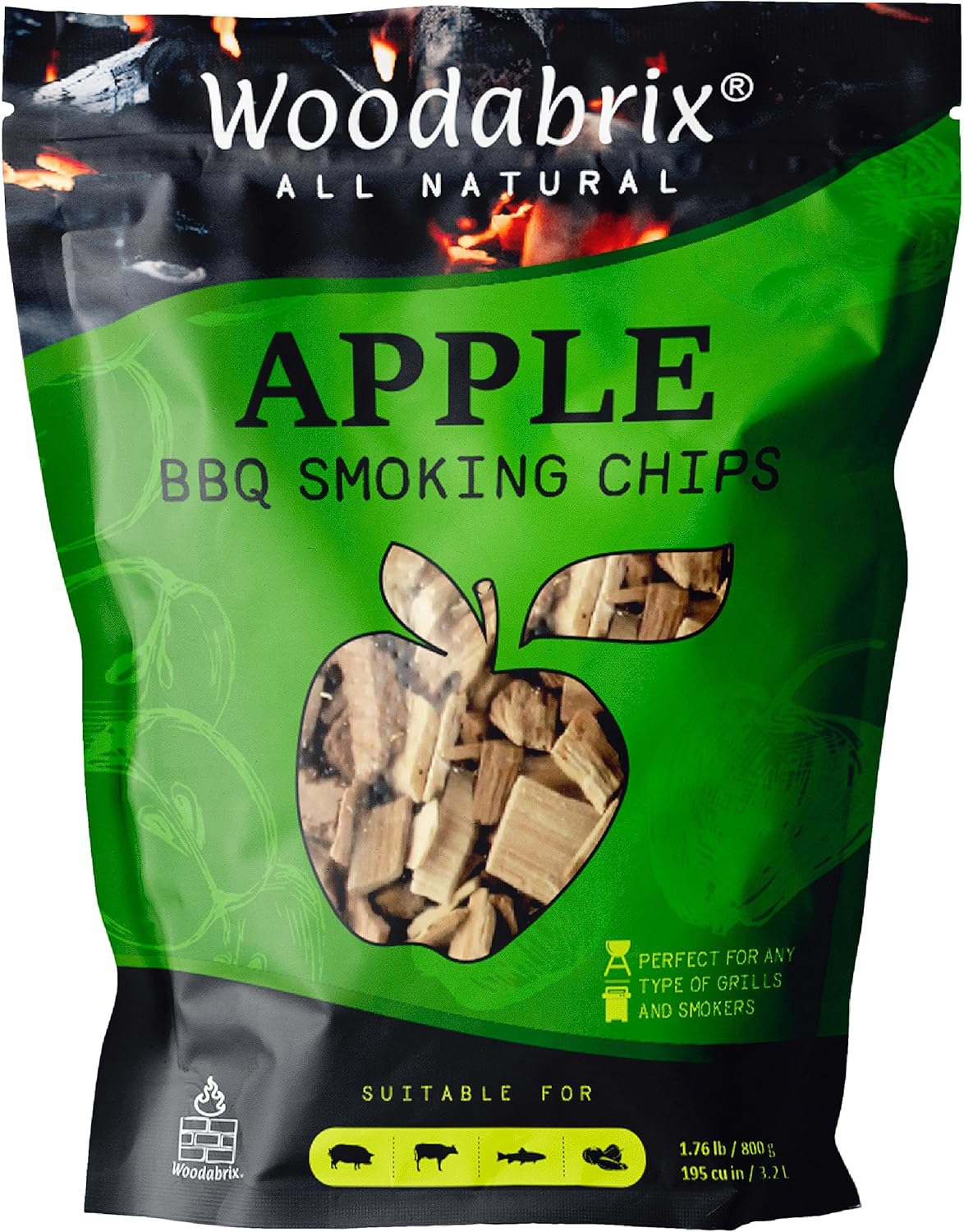 Apple Wood Chips I BBQ Wood Chips are suitable for Charcoal, Gas and BBQ/Smoker I 100% Natural and Eco-friendly I 800 grams (3.2 Litre / 195 cu in)