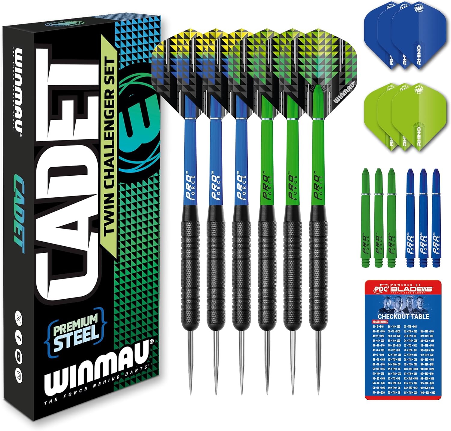 Winmau Darts Cadet Twin Set | Premium Steel | 19g Steel Tip Darts Set with Dart Flights and Dart Shafts (Stems) Including Checkout Card
