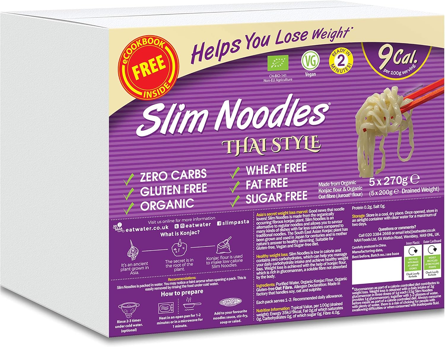 Eat Water Slim Thai Style Noodles Zero Carbohydrate Enviro 5 Pack * 270 Grams | Made from Organic Konjac Flour | Keto Paleo Diet and Vegan | Zero Sugar & Low Calorie Food