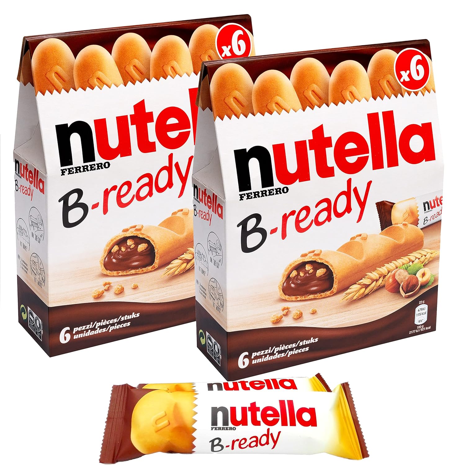 Nutella B-Ready Pack of 6 Bars Plus 1 Free Bar - Nutella Taste with Crispy Wafer Bars Filled with Nutella Spread and Puffed Wheat Crisps (2pk), 10.8644 Ounce