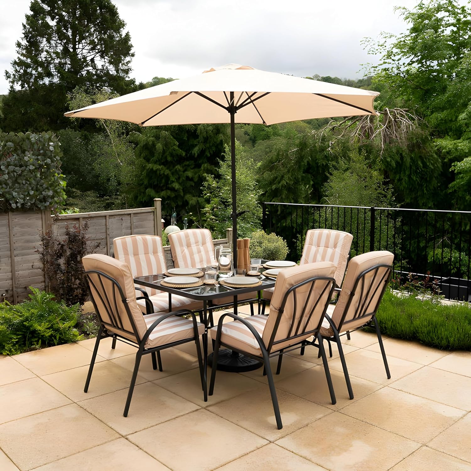 Hectare 6 Seater Garden Furniture Outdoor Table and Chair Set with Parasol Hadleigh Patio Table/Chair/Parasol Dining Furniture (Beige)