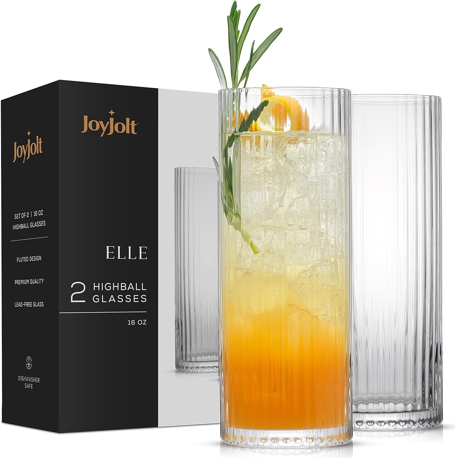 JoyJolt Elle 16oz Fluted Highball Glasses Set of 2, Ribbed Tall Cocktail Tumblers for Gin Juice Water, Vintage Style Drinking Glasses