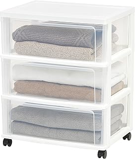 IRIS USA Plastic Drawer Storage Organizer Rolling Cart, with Wheels Casters, 3-Drawers, for Classroom Art Craft Supplies Dresser Closet Bathroom Dorm Bedroom Laundry Room, Wide, White/Clear